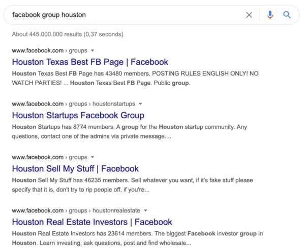 google results for search query facebook group houston