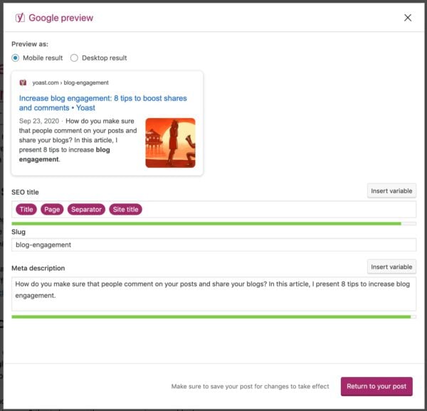 step 6 in this blog post checklist is to preview your post on google and social media with the google preview in the yoast seo sidebar