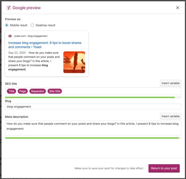 Google preview editor in Yoast SEO