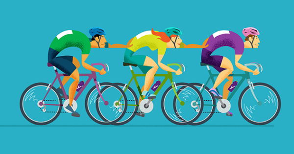 Illustration of people cycling and helping each other move faster