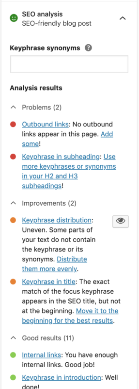 Resultados da análise Barra lateral do Yoast SEO mostrando marcadores