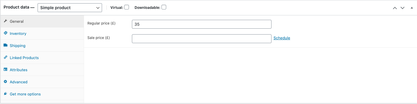 Screenshot showing the sale price field for a simple product.