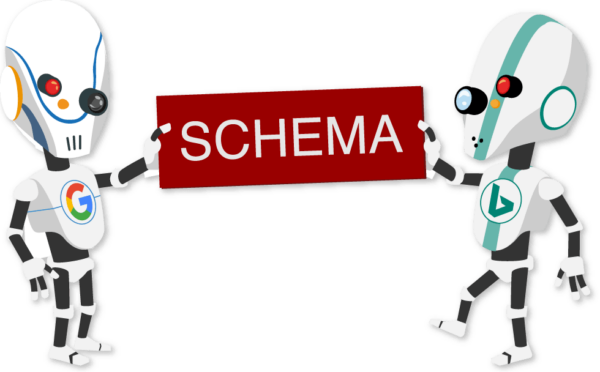 Illustration of two Google bots holding a sign that says Schema