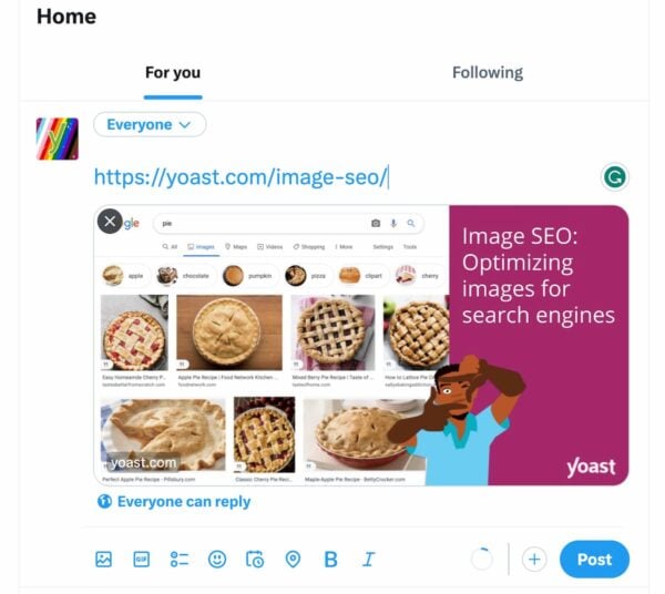 Image SEO: example of what an OG image looks like when sharing this post on Twitter/X