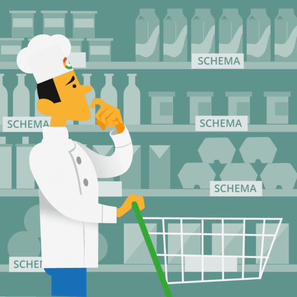 Cook looking at supermarket shelves full of Schema