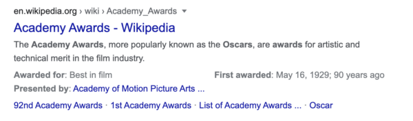 Resimde, Akademi Ödülleri ile ilgili Wikipedia sayfası için bir meta açıklama gösterilmektedir.  'Akademi Ödülleri' ve 'Oscar' sözcükleri koyu renkle gösterilmiştir.