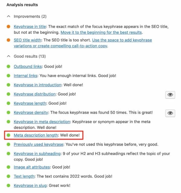 Meta description length check in Yoast SEO