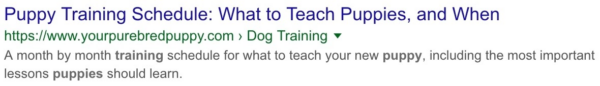 The image shows a short, succinct meta description about puppy training. 