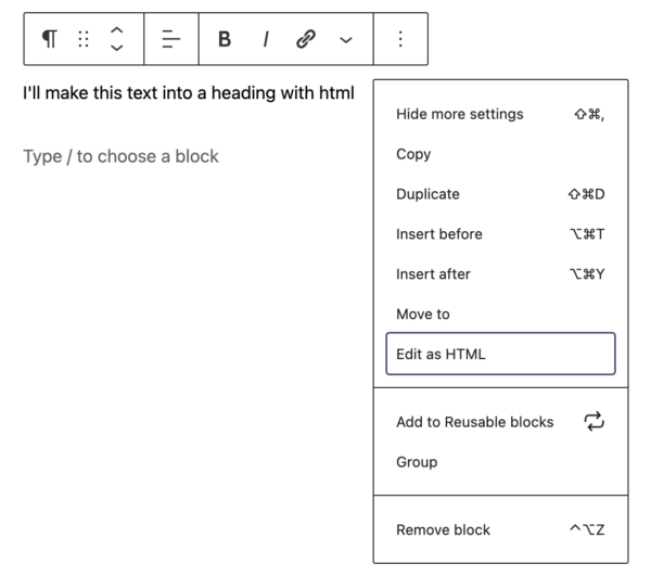 Image showing the option to switch to Edit as HTML using the block editor