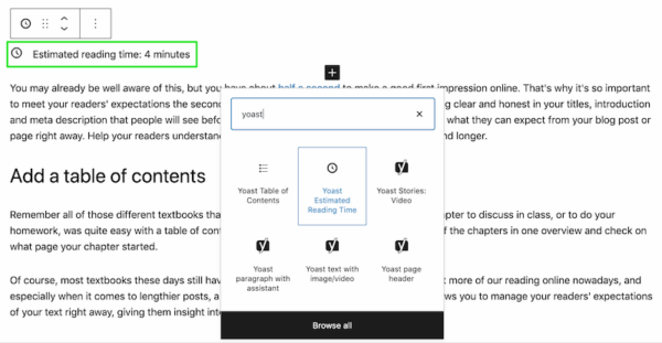 manage readers expectations by utilizing the Yoast estimated speechmaking  clip  block