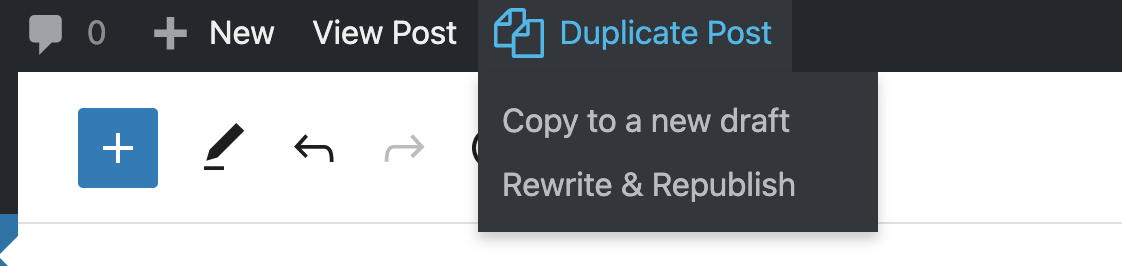 The duplicate post menu item with the rewrite and republish feature
