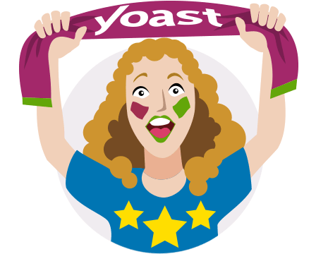 Illustration of a Yoast assistant holding a Yoast banner and celebrating the reviews.