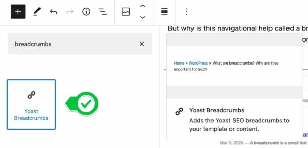 emplacement du bloc de fil d'Ariane Yoast dans la bibliothèque de blocs WordPress