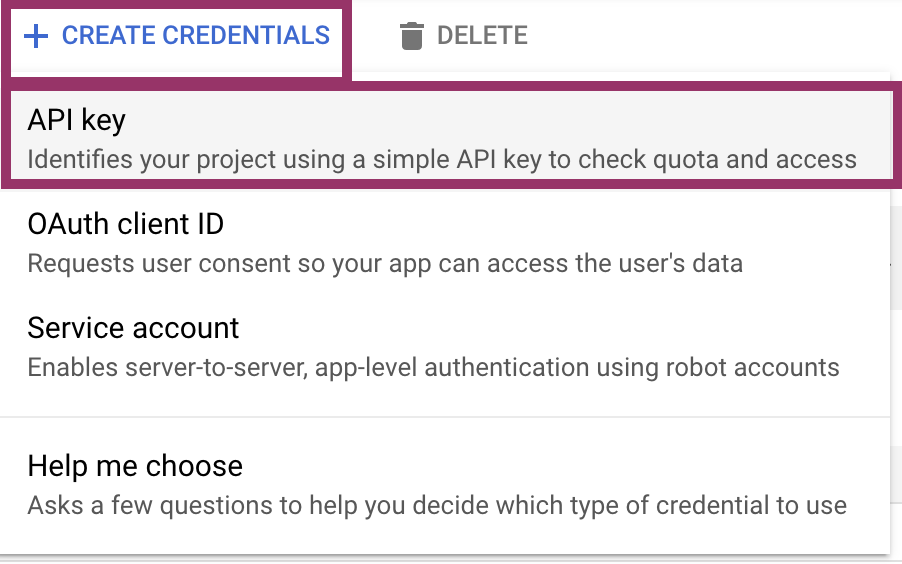 A screenshot of the Create Credentials button which has been clicked and is showing the API key option