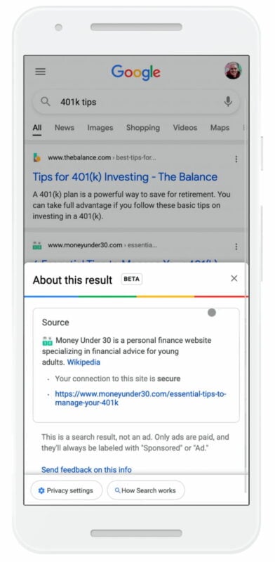 SEO news in February 2021: example of Google showing information about resource in search results