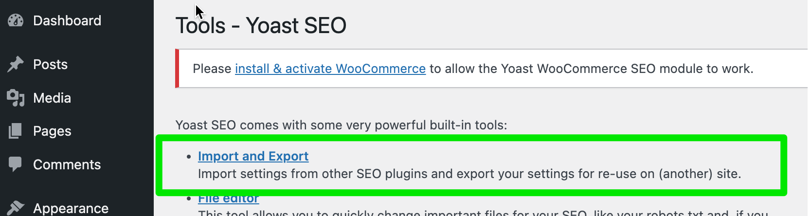 The tools menu of Yoast SEO, with a green box around the import and export settings