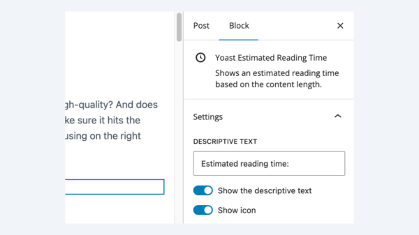 the settings of the reading time feature in Yoast SEO