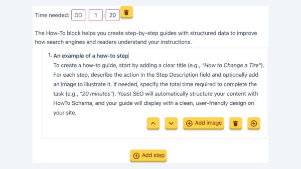 an example of a how-to block in the WordPress block editor with yellow buttons to add more steps or images