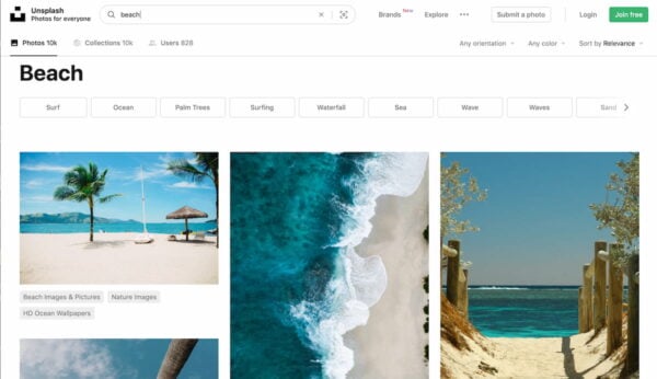 searching on Unsplash for images of beach