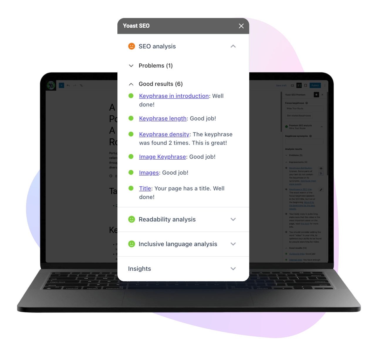 image of laptop with Yoast SEO analysis in the front