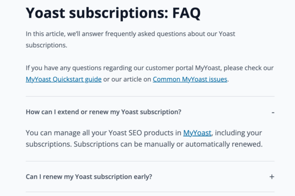an example faq showing questions and answers about yoast subscriptions