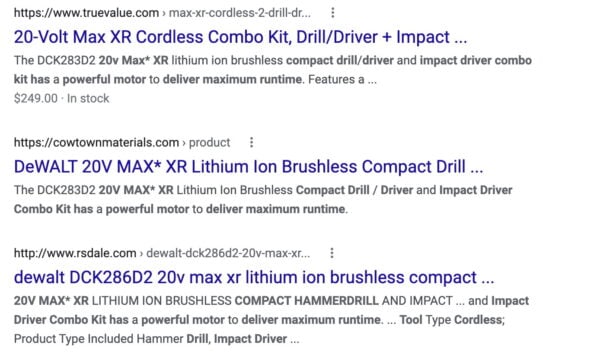 an example of multiple search results sharing the same product description