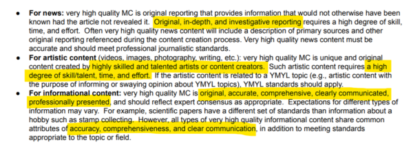 A screenshot of Google's Search Quality Evaluator Guidelines document, showing guidelines for different content types