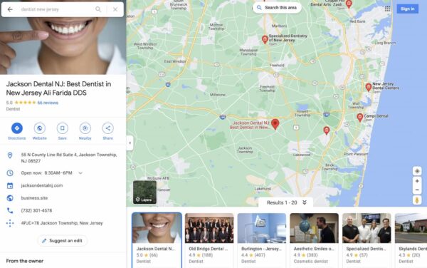 Résultats Google Maps pour le terme de recherche dentiste New Jersey