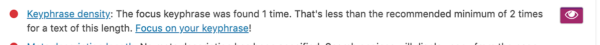 Screenshot of the Yoast keyphrase density check counting only one exact keyphrase match