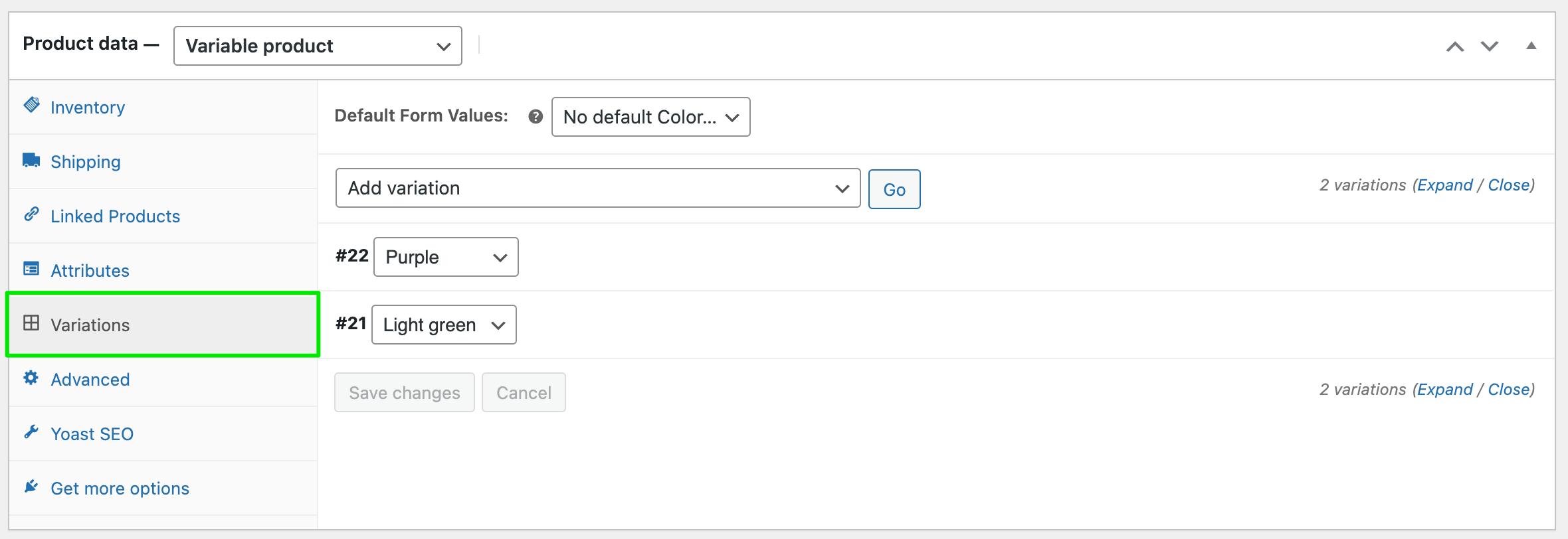 Screenshot Variations tab in product data box WooCommerce