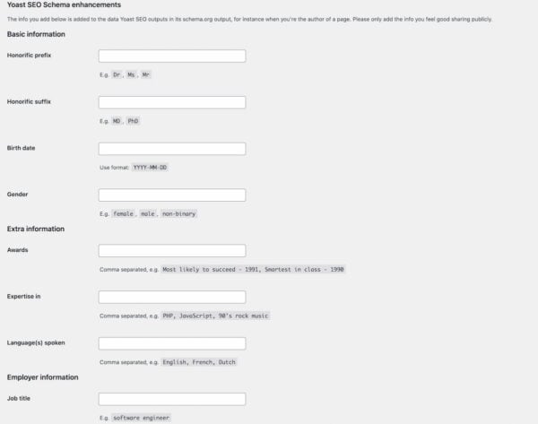 Screenshot depicting the person schema settings in Yoast SEO Premium helping to build E-A-T