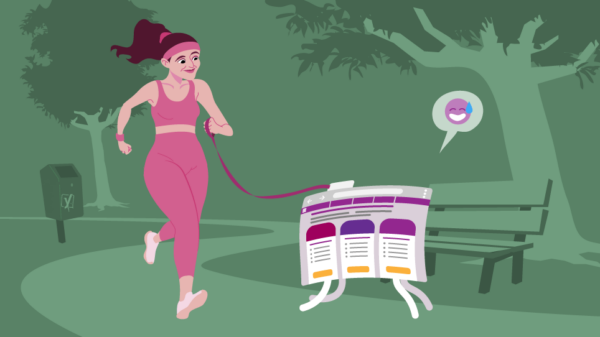 illustration of person running outside with her website
