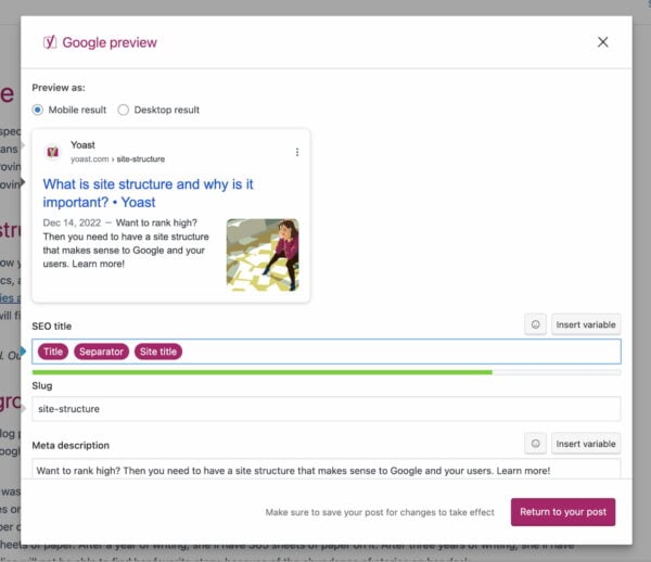 The Google preview feature in Yoast SEO
