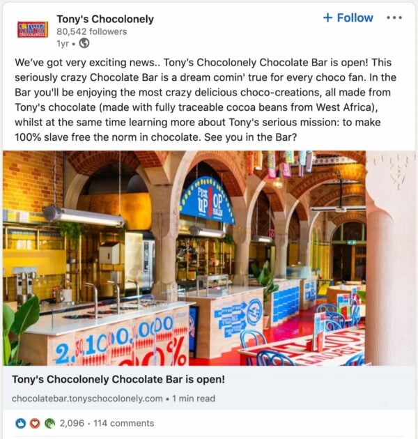 exemple de post linkedin par Tony Chocolonely