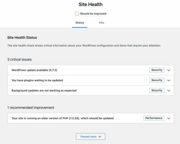 an example of issues found by the site health plugin you can fix to improve WordPress SEO