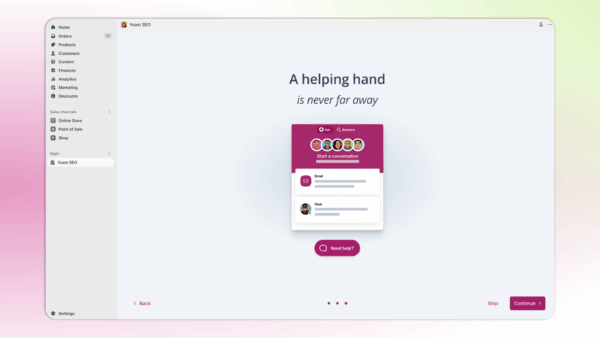 Support information on Yoast SEO for Shopify onboarding