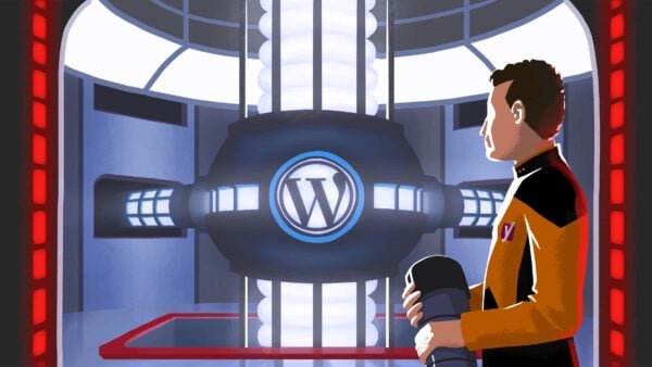 Illustration of someone in a Yoast uniform looking at a machine with the WordPress logo on it