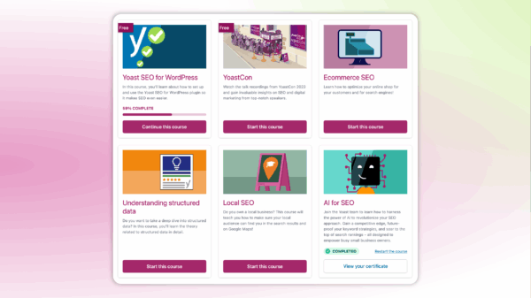 Yoast SEO Academy showcasing courses