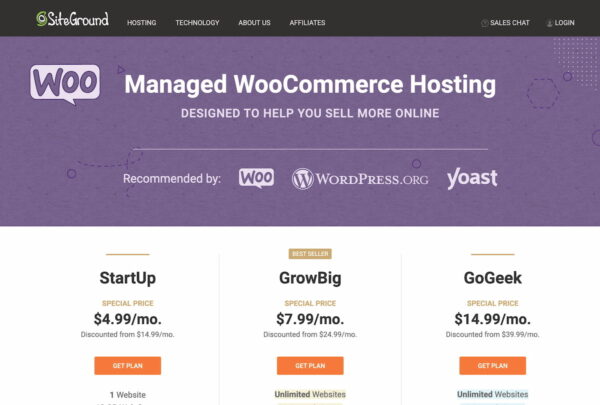 Screenshot of the WooCommerce plan on siteground.com