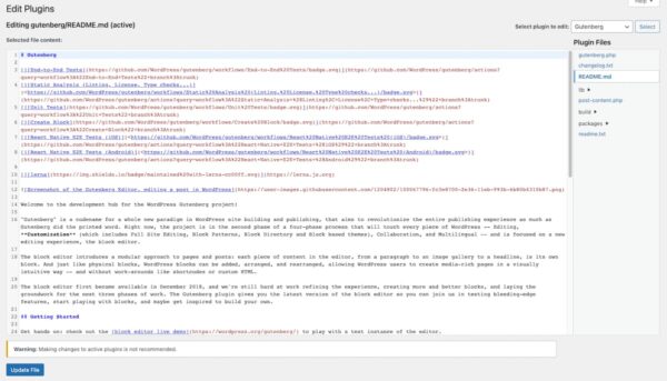 Screenshot of the Gutenberg plugin readme text