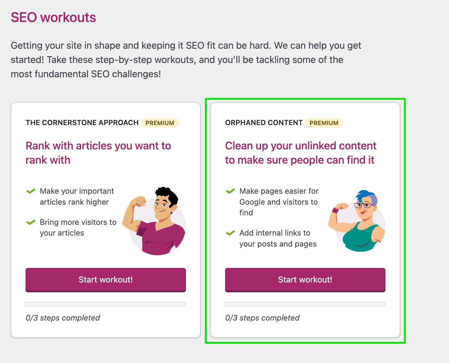 Screenshot of the SEO workouts in Yoast SEO, highlighting the Orphaned content workout