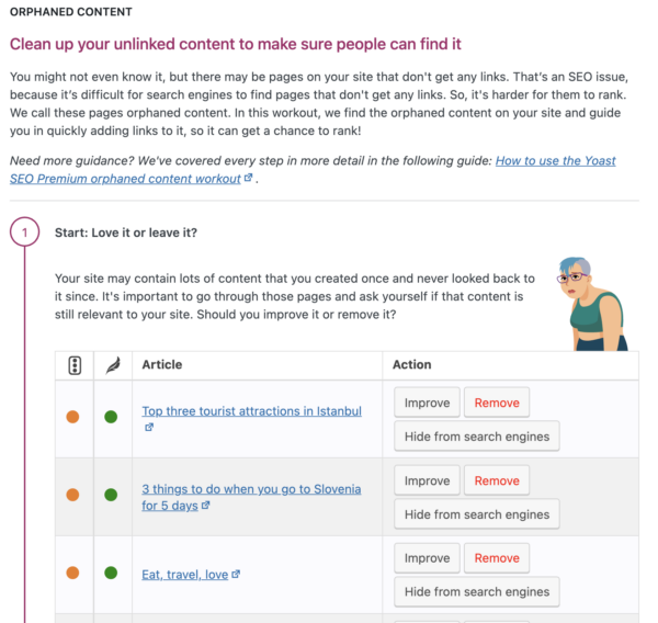 maintenance de contenu contenu orphelin entraînement yoast seo