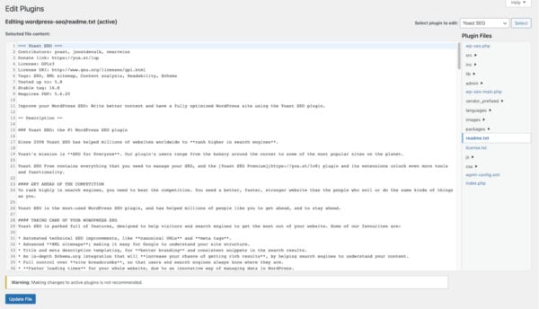 Capture d'écran du texte readme du plugin Yoast SEO