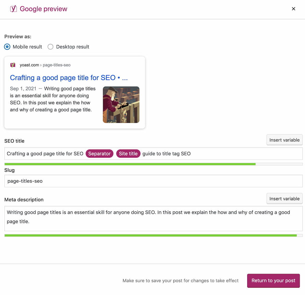 Google preview in Yoast SEO