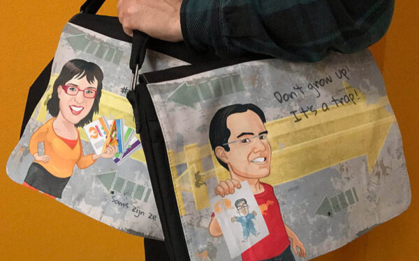 Photo of personal bags with a design from the Yoast brand team