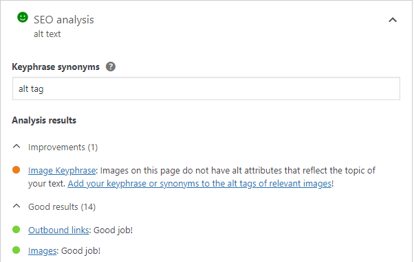 Yoast SEO Image Keyphrase analysis result is showing that an alt attribute does not reflect the topic of your text. write accessible content