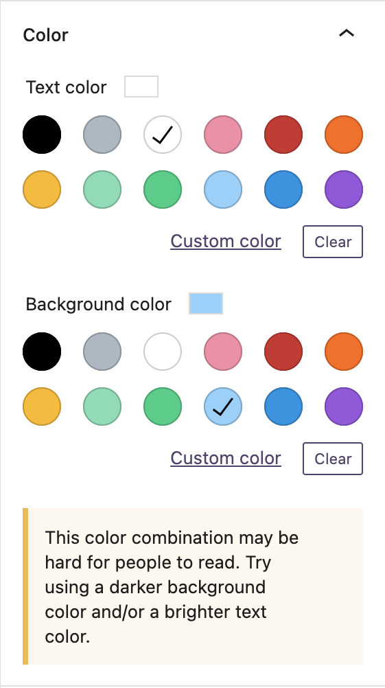 The block editor color panel is displaying a warning that the color combination may be hard for people to read. write accessible content