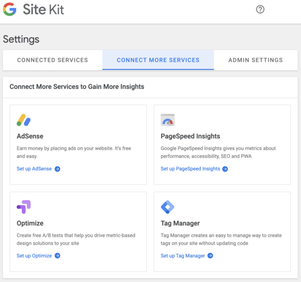 And image of the Google Site Kit Settings menu