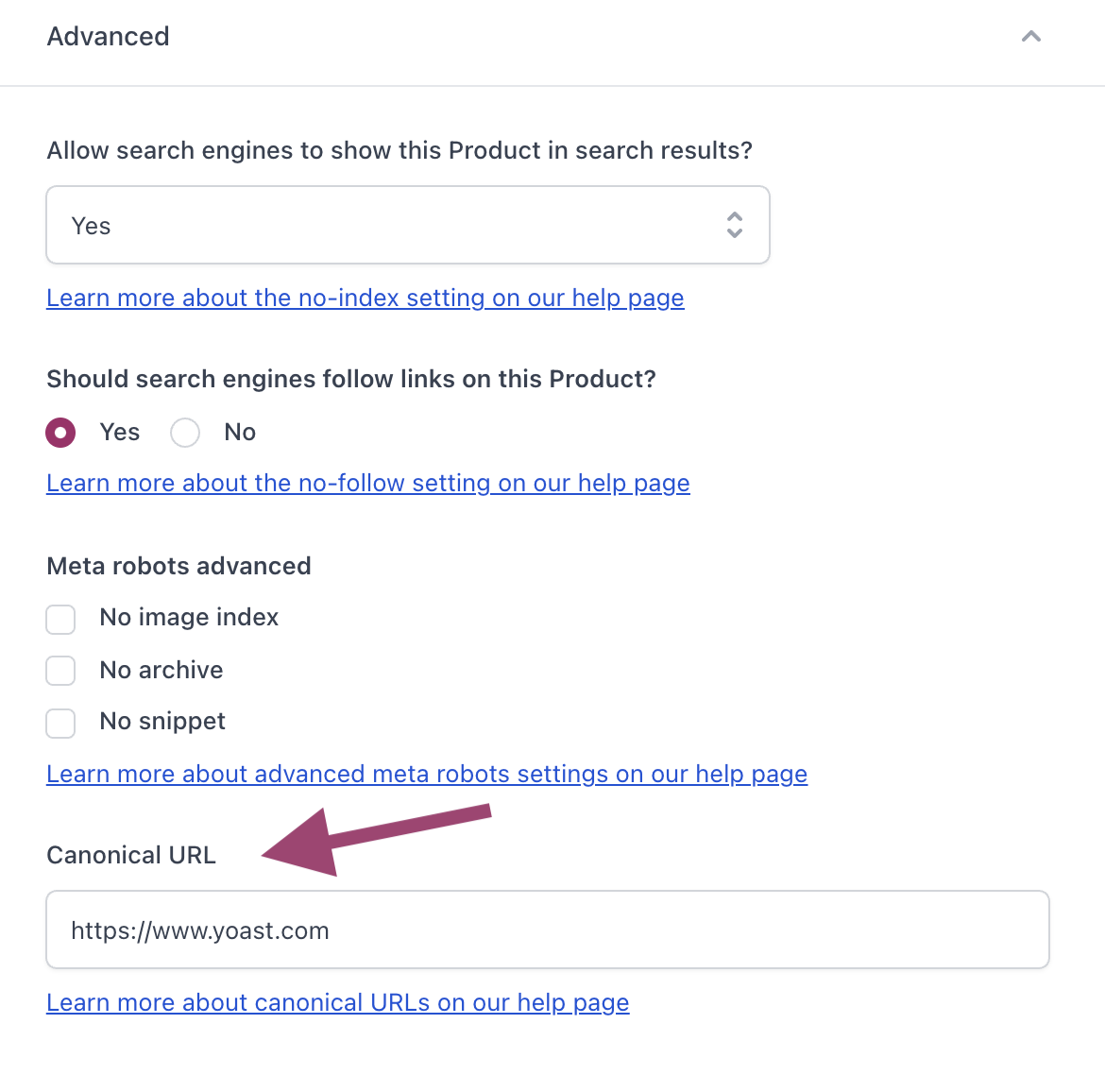 A screenshot of the Advanced settings in the Yoast SEO for Shopify sidebar with an arrow pointing to the Canonical URL settings 