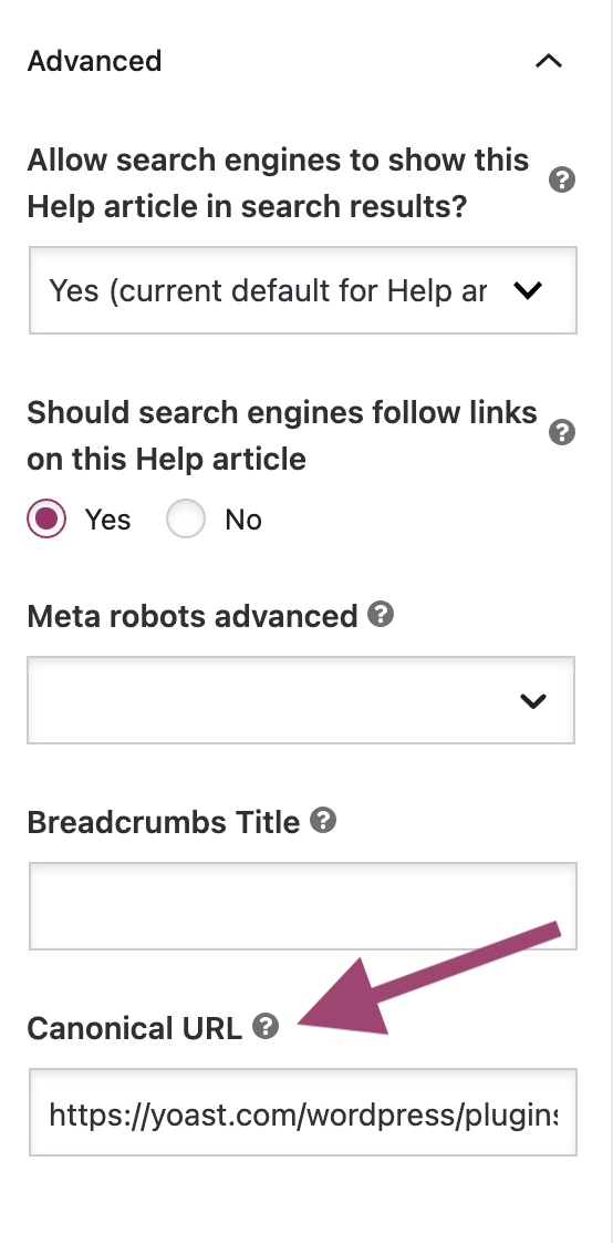 A screenshot of the Advanced settings in the Yoast SEO sidebar with an arrow pointing to the Canonical URL settings at the bottom of the screen